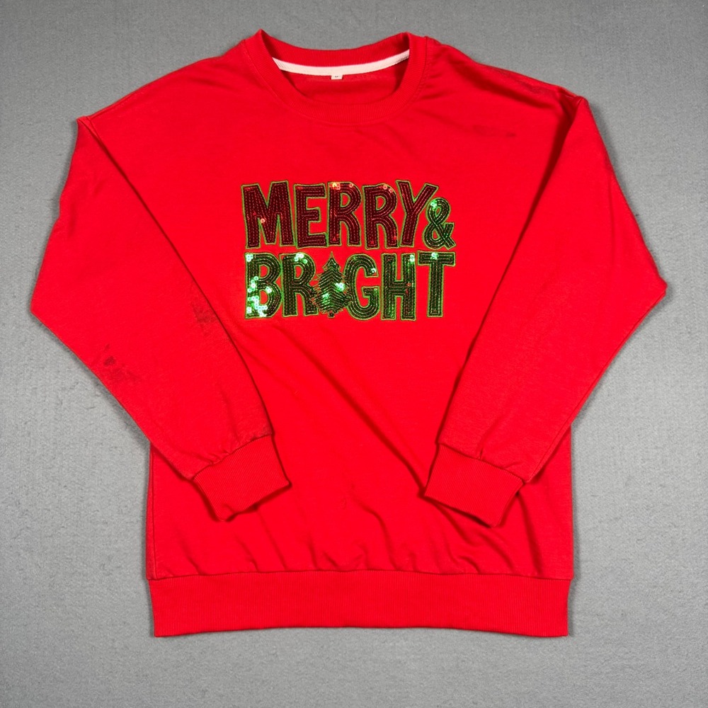 Merry & Bright Christmas Sweatshirt Women Medium Red Sequin Holiday Graphic Crew